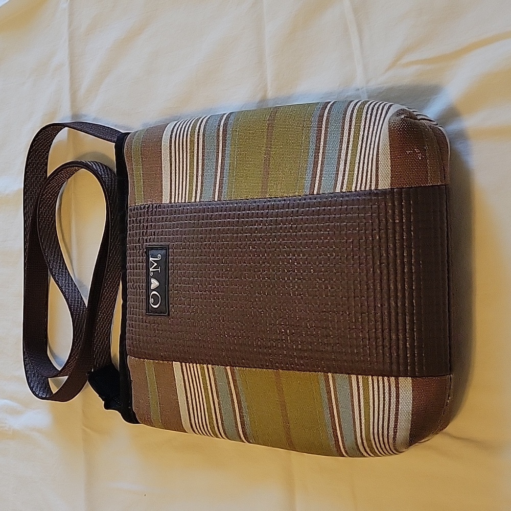 OLovesM made in Colorado purse. Brown Beige Green Blue Horizontal stripe.